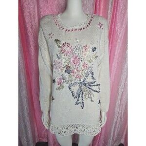 New Concepts Vintage Cottagecore Ivory Knit Pearls Ribbon Sweater Size Medium